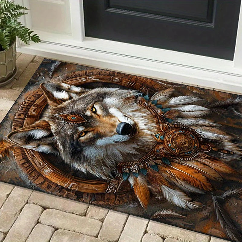 3D Wolf Head Print Non-Slip Mat, Tribal Design with Feathers Beads, Machine Washable Polyester Rug for Living Room Bedroom Decor