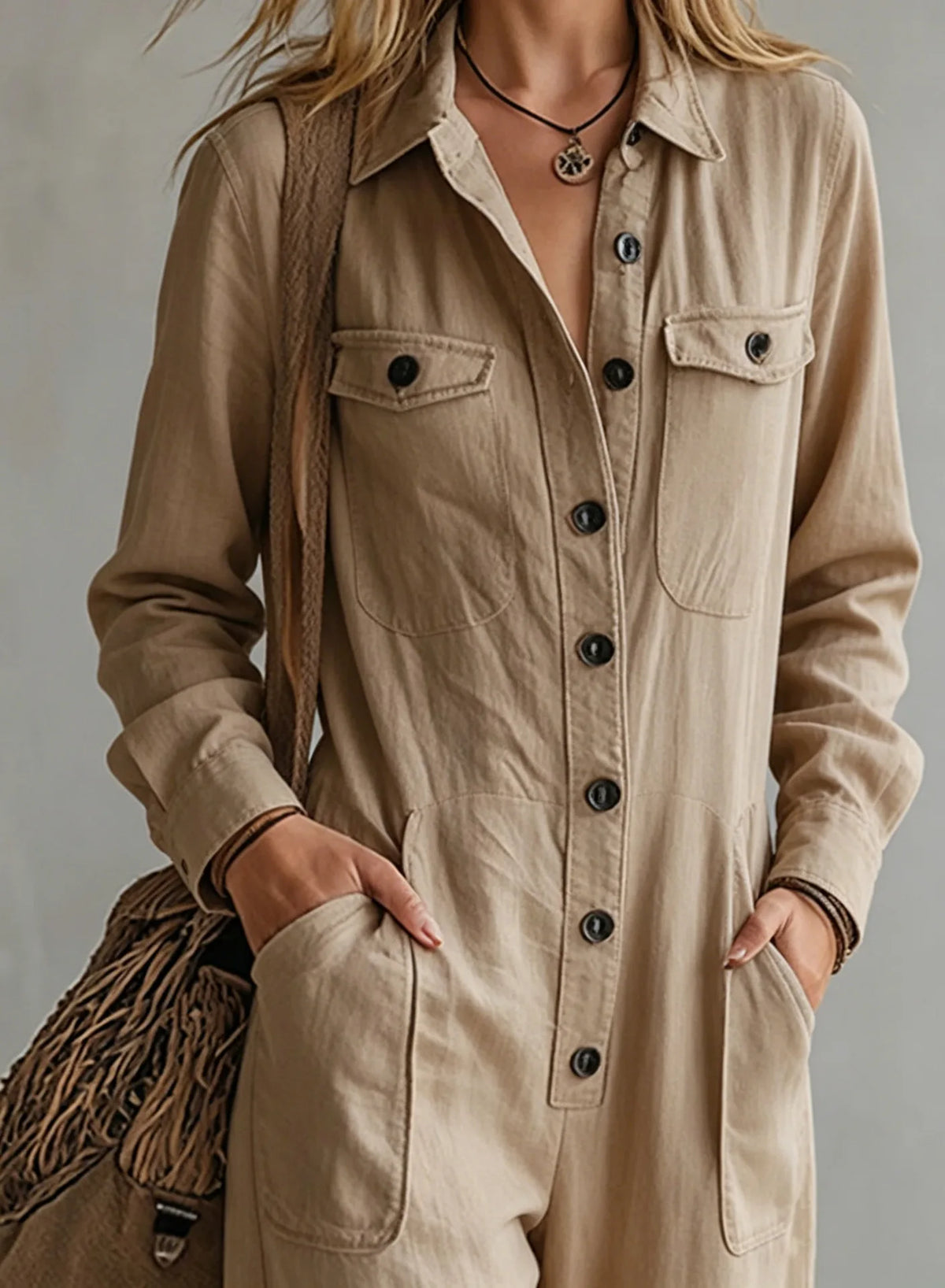 Autumn Simple Solid Women's Jumpsuit Fashion Button Half Open Design Loose Lapel Jumpsuits With Pocket Ladies Office Clothing