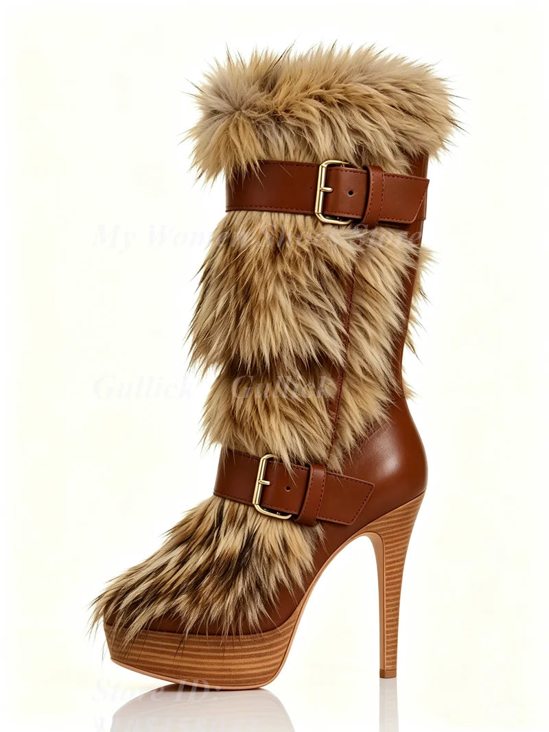 Fur Knee High Platform Boots Thin High Heel Buckle Strap Zipper New Arrivals Hot Sale 2026 Winter Women Dress Shoes Handmade