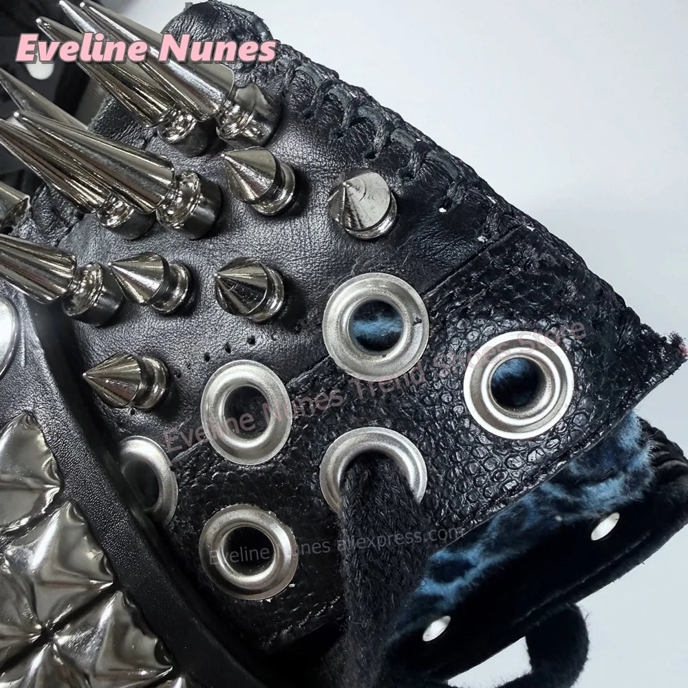 Blue Leopard Print Platform Knee High Boots Metal Spikes and Studs Decor Multi Strap Design Punk Goth Canvas Shoes 2026 Trend