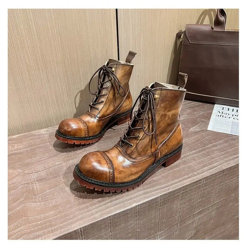 Fashion Cow Genuine Leather Motorcycle Boots Brogue Shoes Retro High Big Head Men's Mid-calf Chelsea Boots For Men Brown