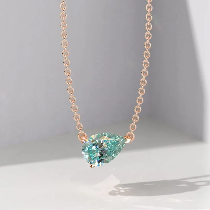 100% MOISSANITE S925 silvery necklace for Women, pear shape cyan blue Moissanite Pendant Necklace 1CT/2CT/3CT