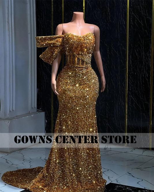 Dazzling Gold Aso Ebi Evening Dresses Luxury 2024 Beaded Sequins Mermaid African Wedding Party Dress Formal Gown Customized