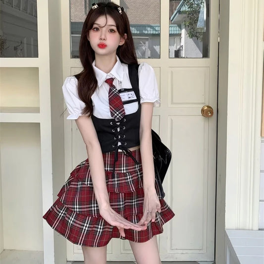 Summer College Style Uniform Set for Women Chic Corset Shirt Tie Vest Red Plaid Skirt with School Badge 5-Piece Set Girls