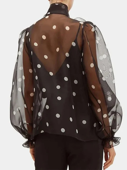Fashion Women Polka Dot Print Shirt Office Lady Casual Elegant Chic Blouse Lace-up Bow Long Sleeve Loose Top 2025 Ropa Mujer