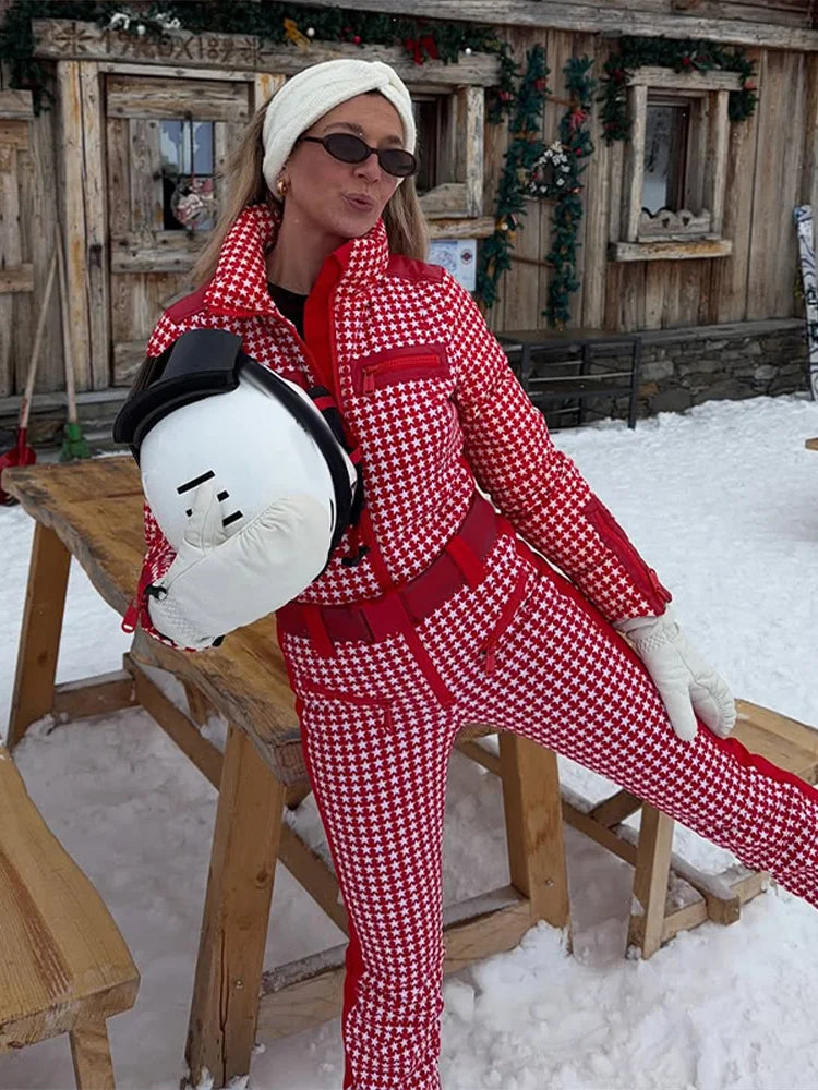 Thicken Print Cotton Jumpsuits Women High Neck Long Sleeves Zipper Belts Warm Skiwears Female 2026 Winter New Chic Ski Jumpsuit