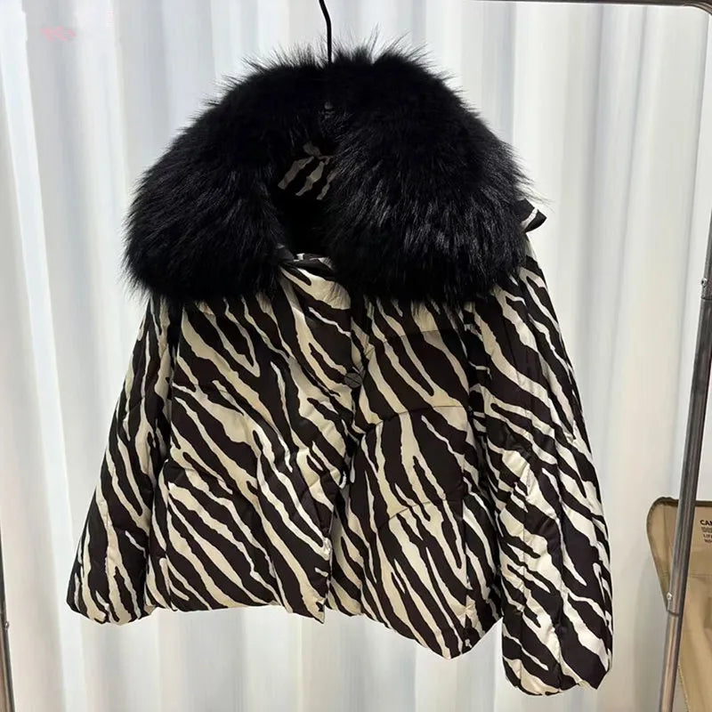 Women's Leopard Print down Jacket European Winter Natural Raccoon Fur Collar Short Warm Duck down Coat