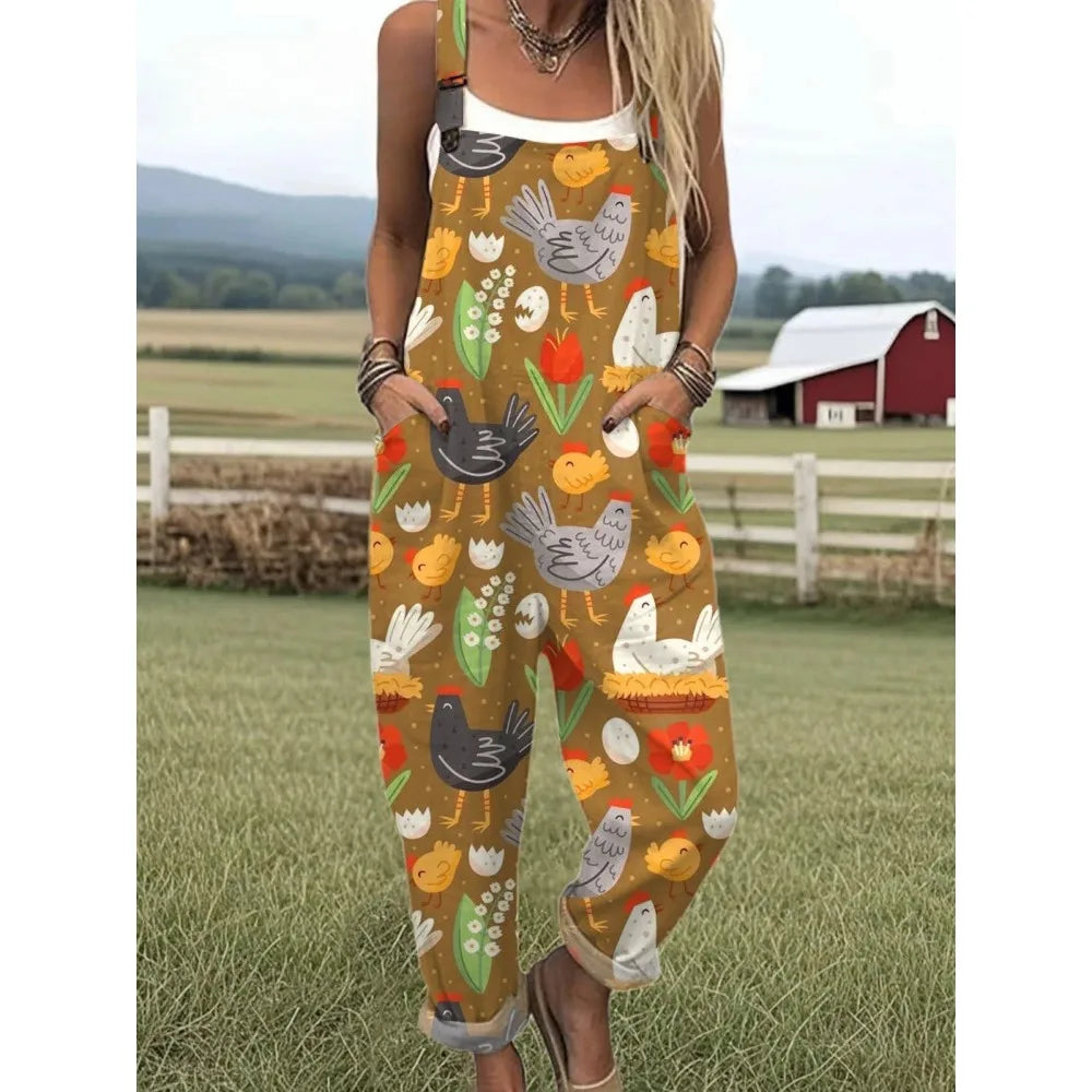 Relaxed Fit Women's Overalls with Cute Animals Patterns Fashion Jumpsuits Adjustable Design for Picnics and Country Outings