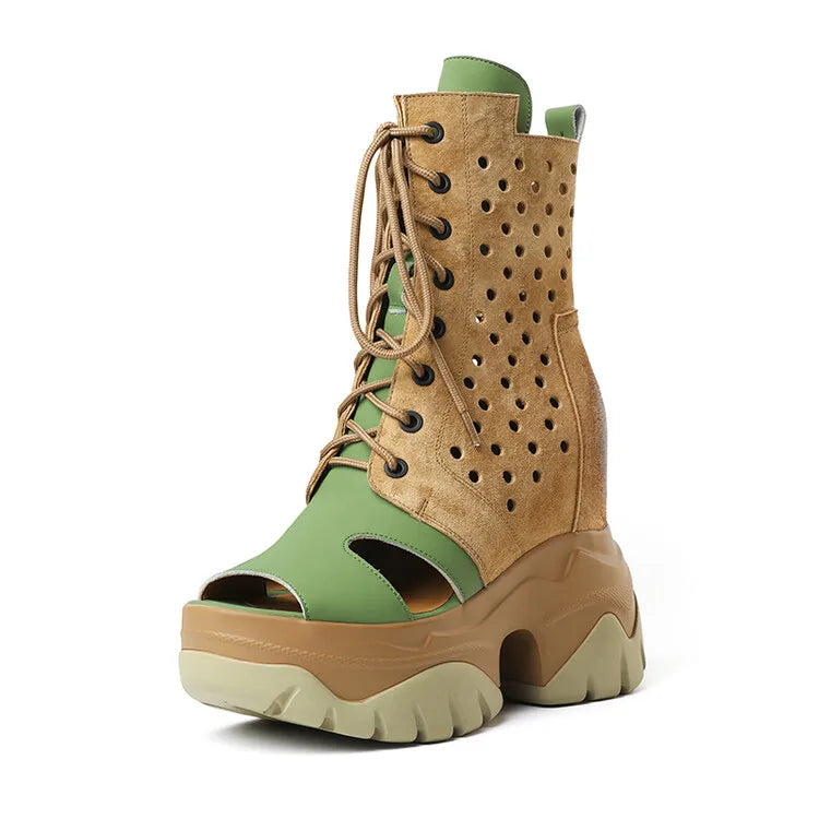 Women's Peep Toe Wedge Boots Summer Hollow Out Lace Up Side Zipper Platform Wedge Heel Breathable Fashion Retro Casual Shoes