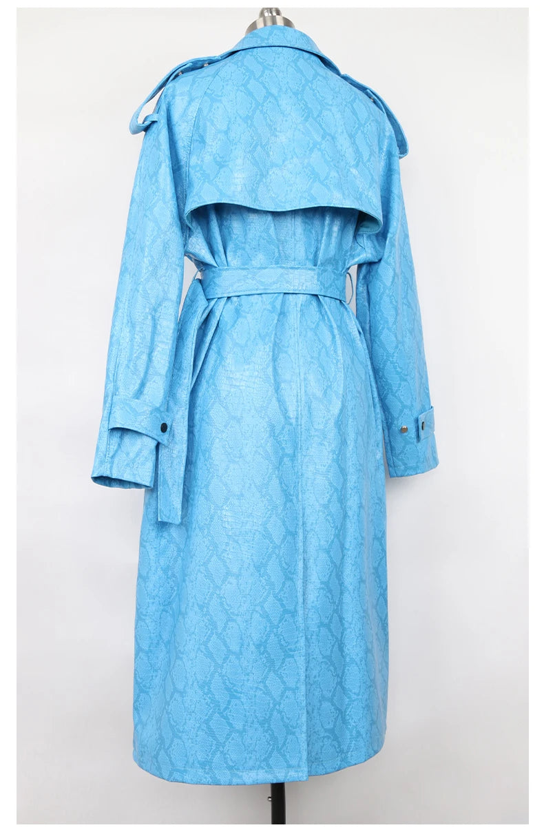 Nerazzurri Spring Autumn Long Oversized Colorful Snakeskin Print Patent Leather Trench Coat for Women Belt Runway Fashion 2022