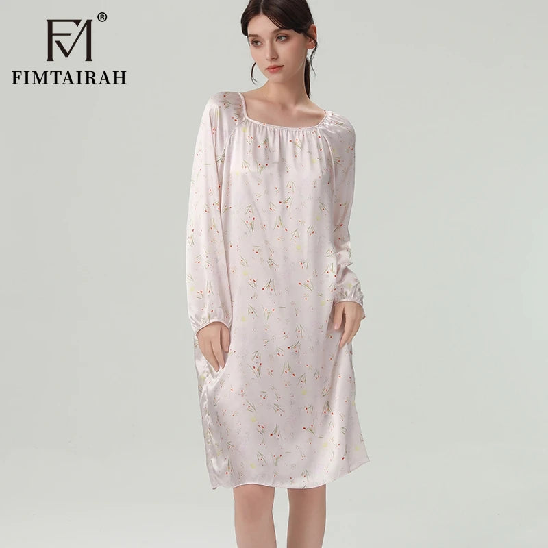 FIMTAIRAH 6A 19MM Silk Nightgown, long pajamas, long-sleeved silk high-end round-neck home wear Dress Night