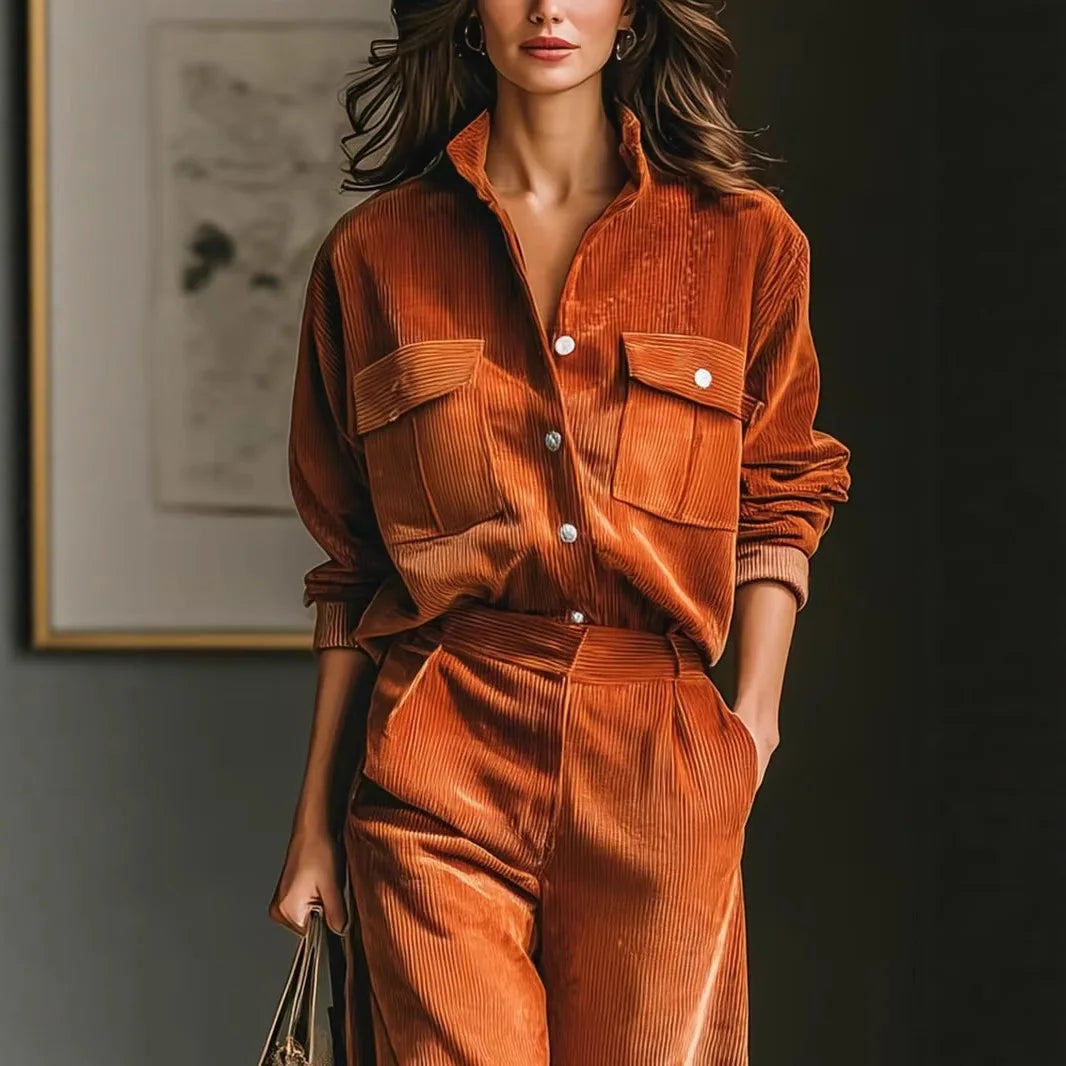 Retro Corduroy Shirt and Wide Leg Pants Matching Set, Autumn Winter Casual Blouse Top and Trousers Jumpsuit