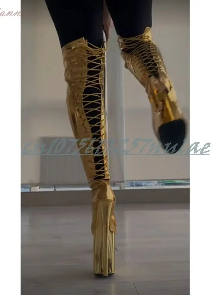 Pole Dance Performance Back Strappy Over the Knee Boots Open Toe Gold Patent Leather Side Zipper Women Dance Shoes Para Mujere