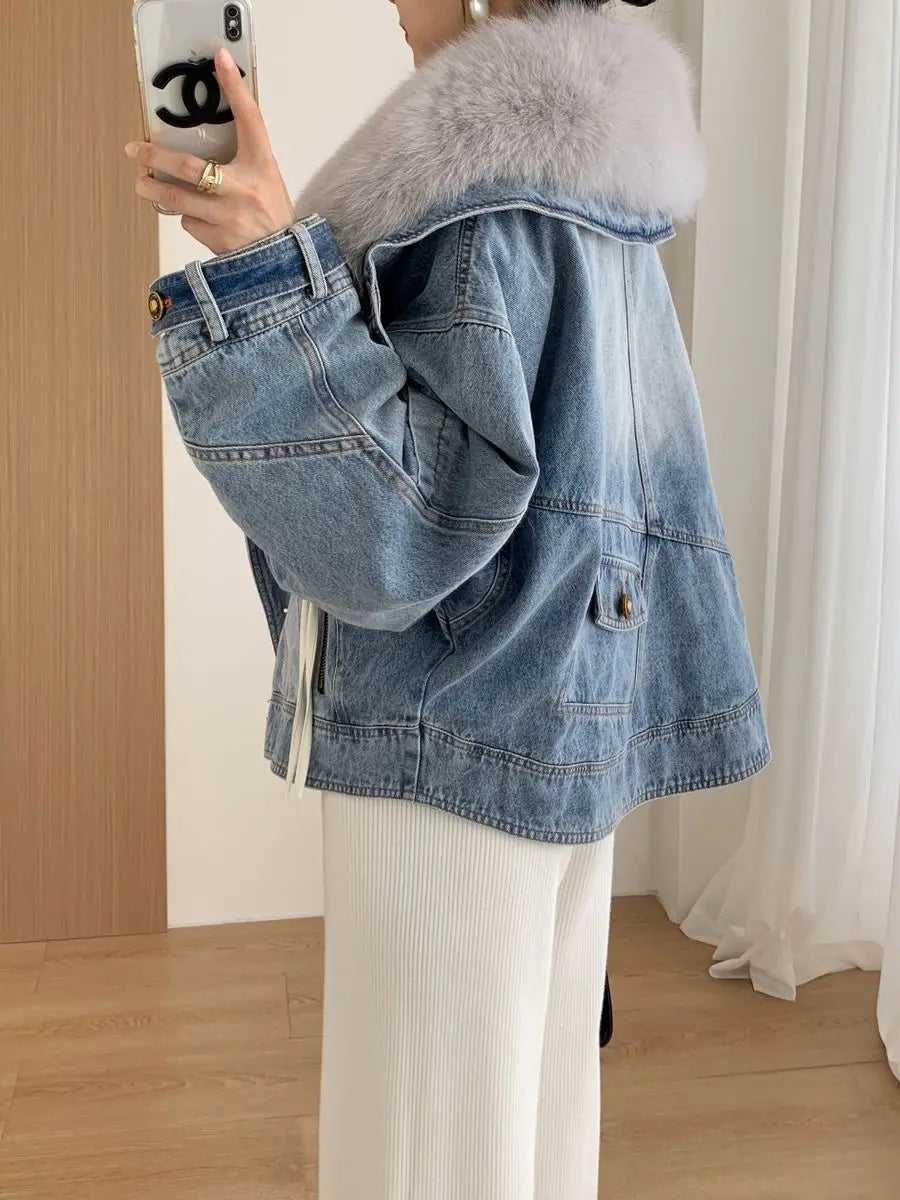 Winter Thickened Short Denim Jacket Fashion Parkas Jeans Jacket Luxury Fur Coat Removable Fur Collar Cotton Jacket New