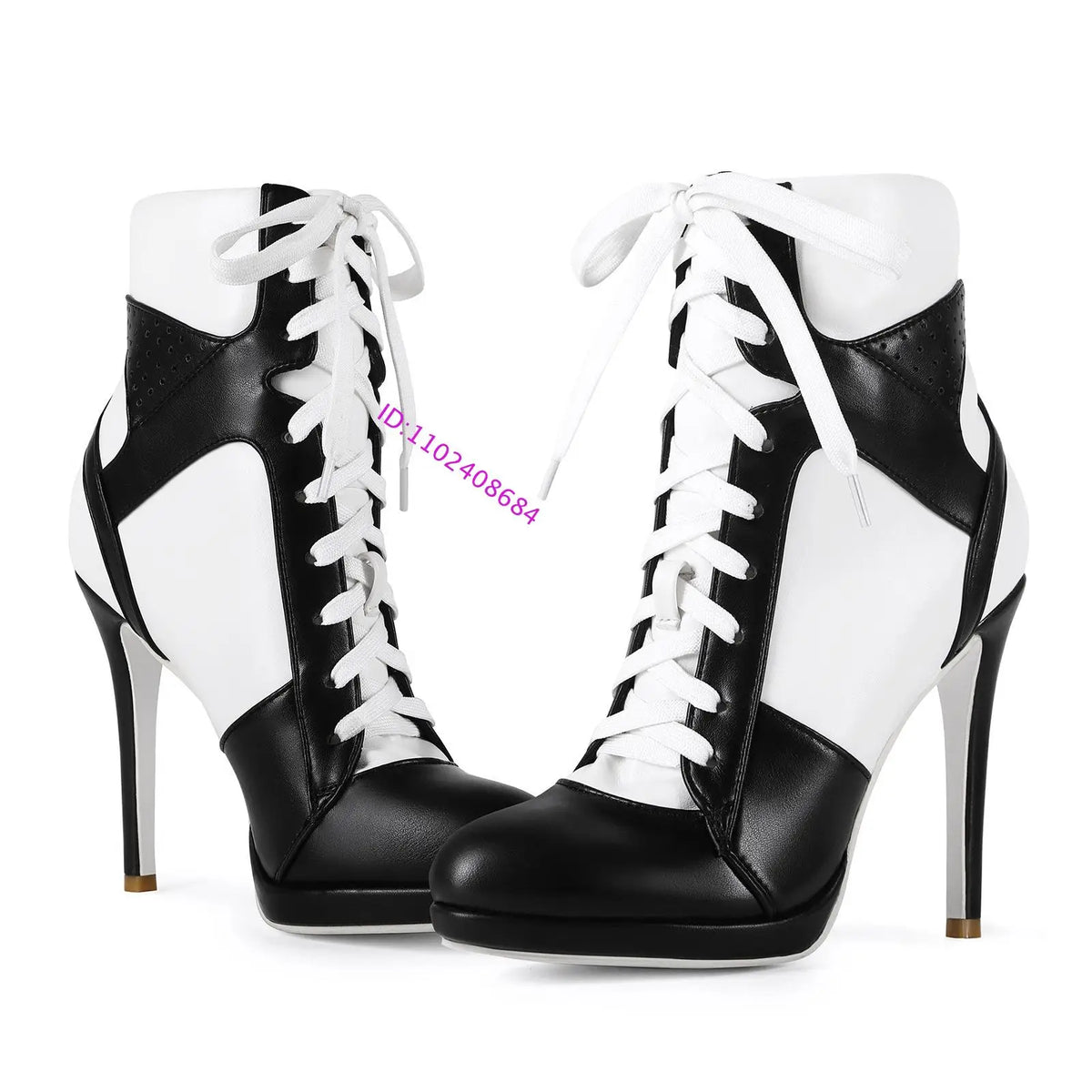 Women High Heel Black White Sports Ankle Boots Slim High Heel Lace Up High Top Sport Boots Plus Size 43
