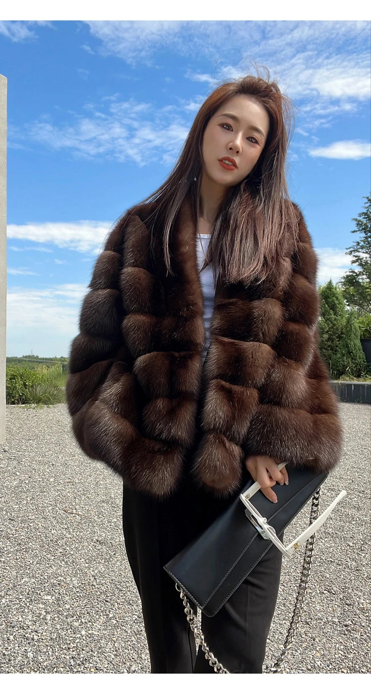 Lautaro Autumn Winter Elegant Luxury Chic Thick Warm Striped Hairy Faux Sable Fur Coat Women V Neck High Quality Fluffy Jacket
