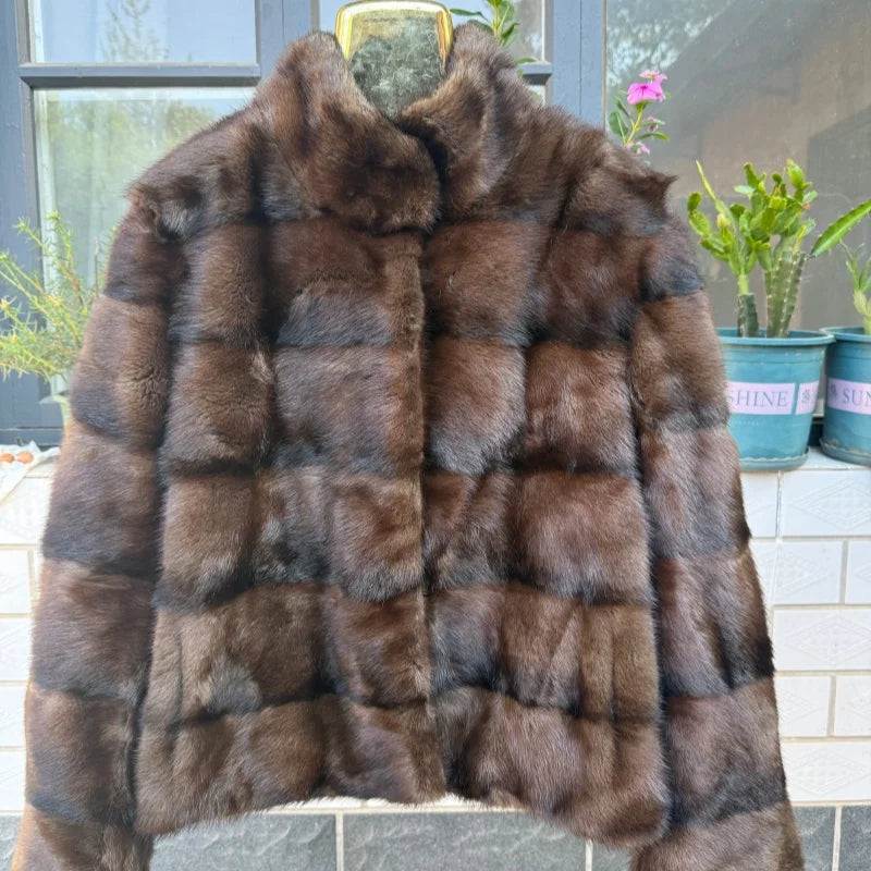 Black Horizontal Lapel Ladies' High-End Mink Fur Coat, Handcrafted