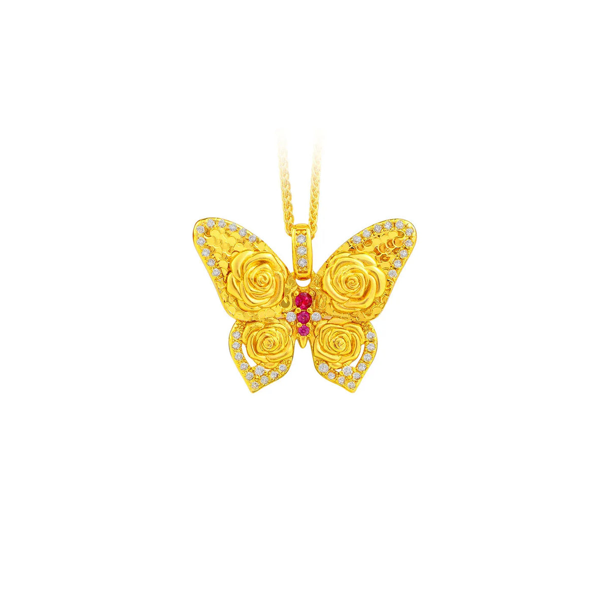 luxury real gold jewelry 24k certifid sparkling crushed ice rose butterfly pendant women's 999 pure gold dot diamond necklace