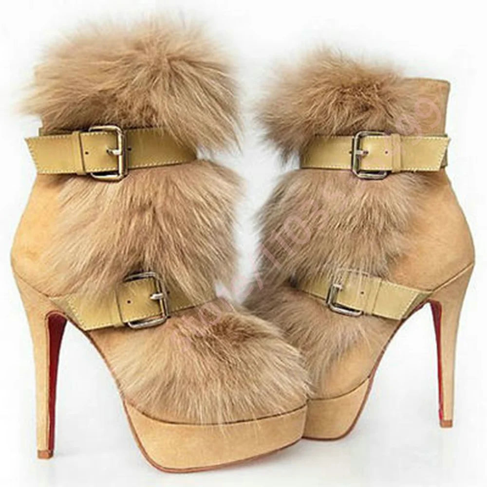 Winter Platform Belt Buckle Soft Fur Short Boots Fashion Show Party Casual Furry Boots New Sexy Women's Stiletto Warm Boots