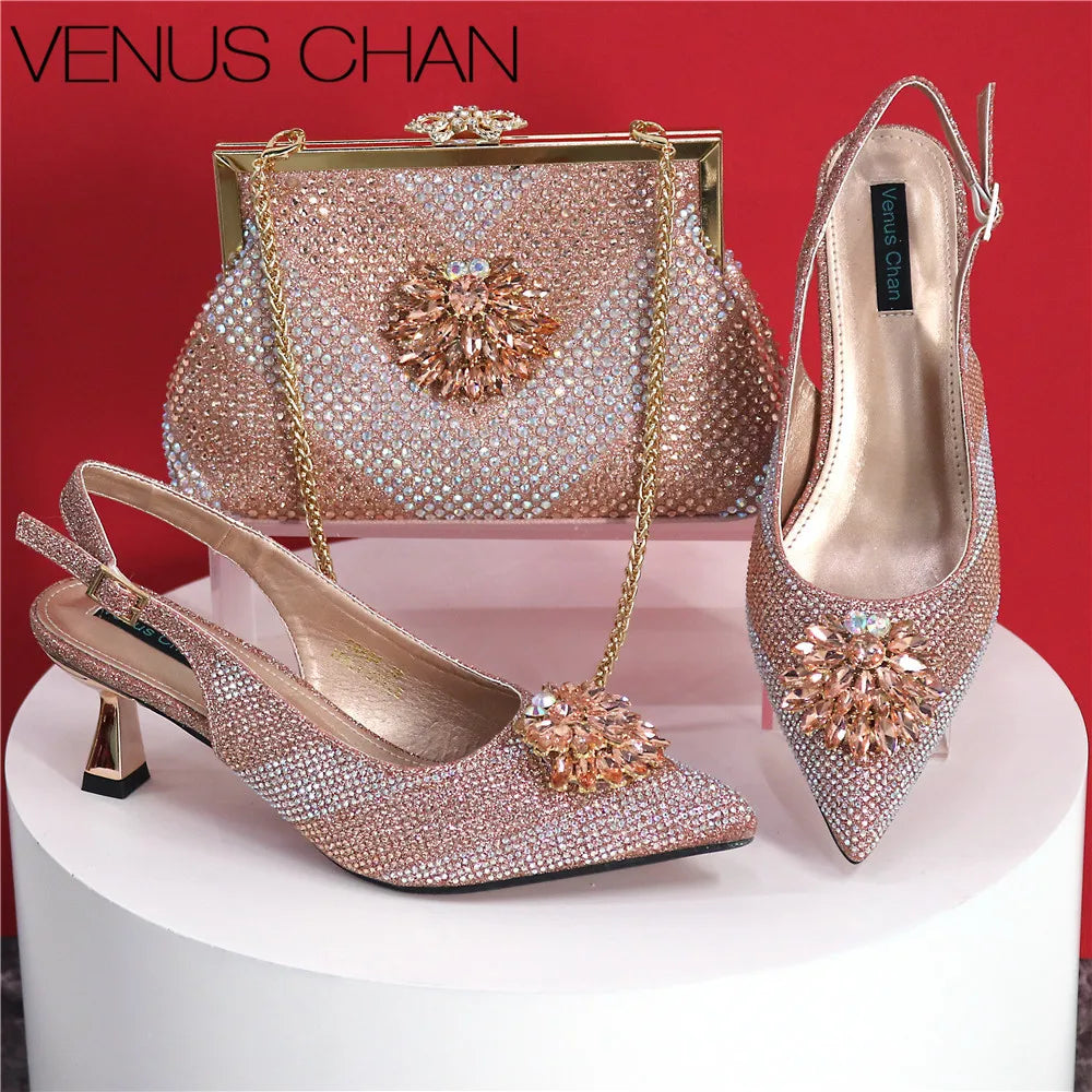 Newest Arrivals Special Design Silver Color African Women Shoes and Bag Set Pointed Toe Pumps for Wedding Party
