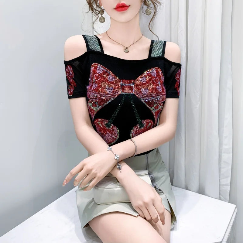High Quality Elasticity Clothes Fashion T-Shirts Women's Sexy Off Shoulder Shiny Diamonds Mesh Tops Summer Tees Shirt