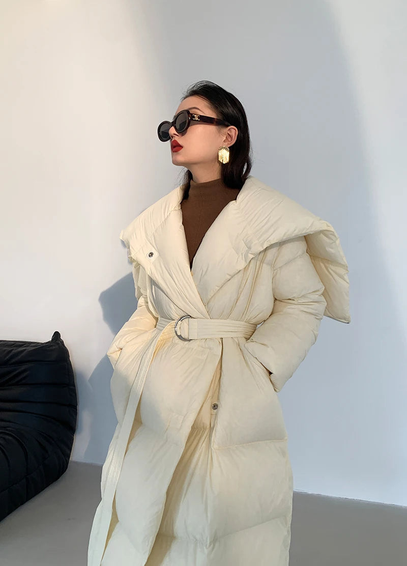 High end Ultra long White goose down Jacket For women Winter 2025 New Fashion Down Coat Female Thicken Parka Overcoat with belt