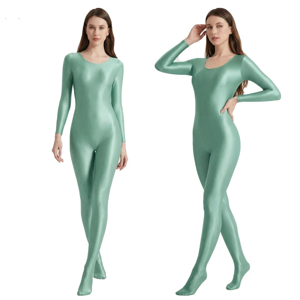 Women's Smooth Glossy High-Elastic Round Neck One Piece Catsuit Long Sleeve Zentai Jumpsuits Cosplay Performance Tights Bodysuit