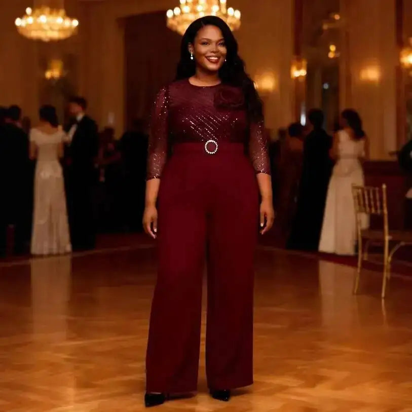 Plus-size Women's Slimming Jumpsuit, High-waisted Wide-leg Jumpsuit With Sheer Mesh Sleeves, Elegant And Suitable For Casual Y2K