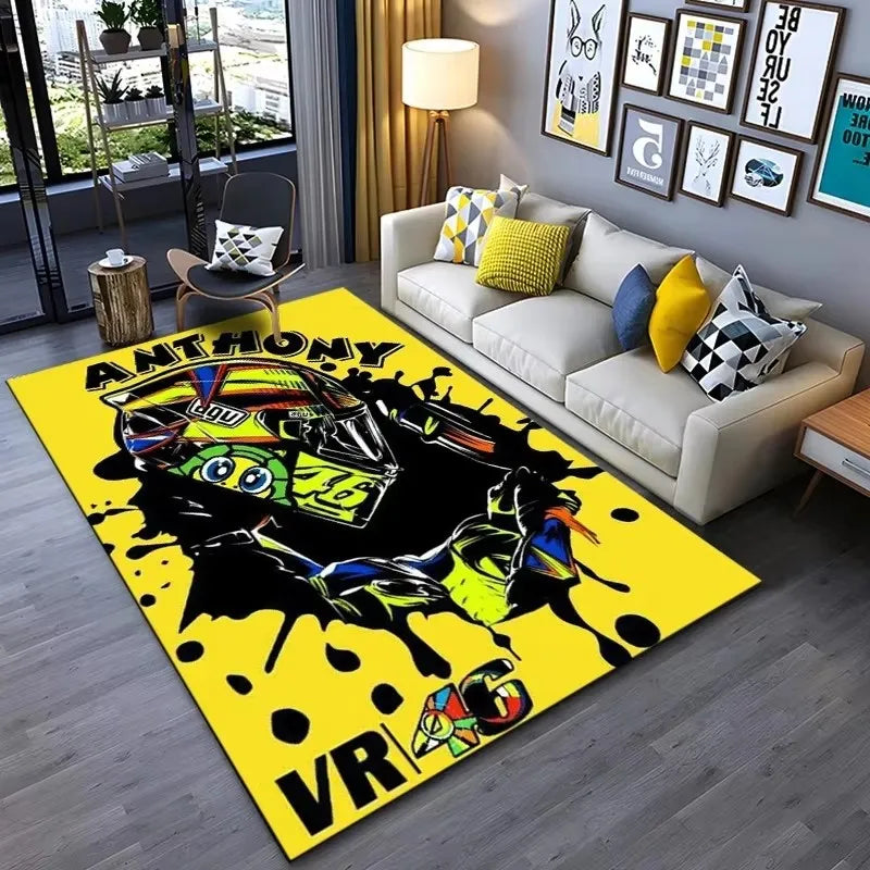 Motorcycle Racer The Doctor Carpet Mat Black Yellow Racing Track Living Room Rug with Number 46 Dynamic Design Home Decoration