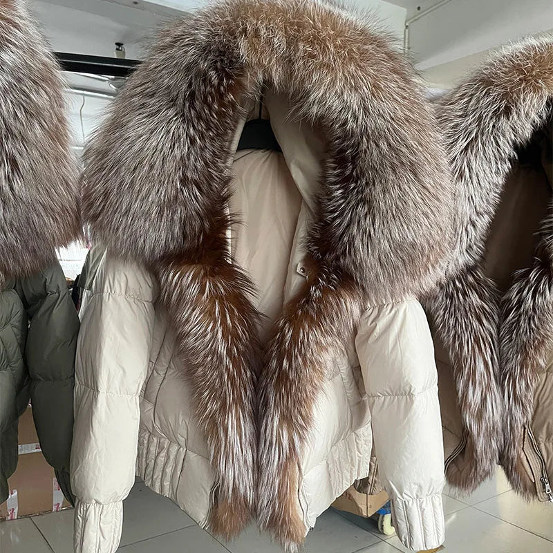 MMK 2023 Winter Women Warm White Duck Down Jacket Natural Real Fox Fur Collar Hood Puffer Coat Thick Luxury Outerwear