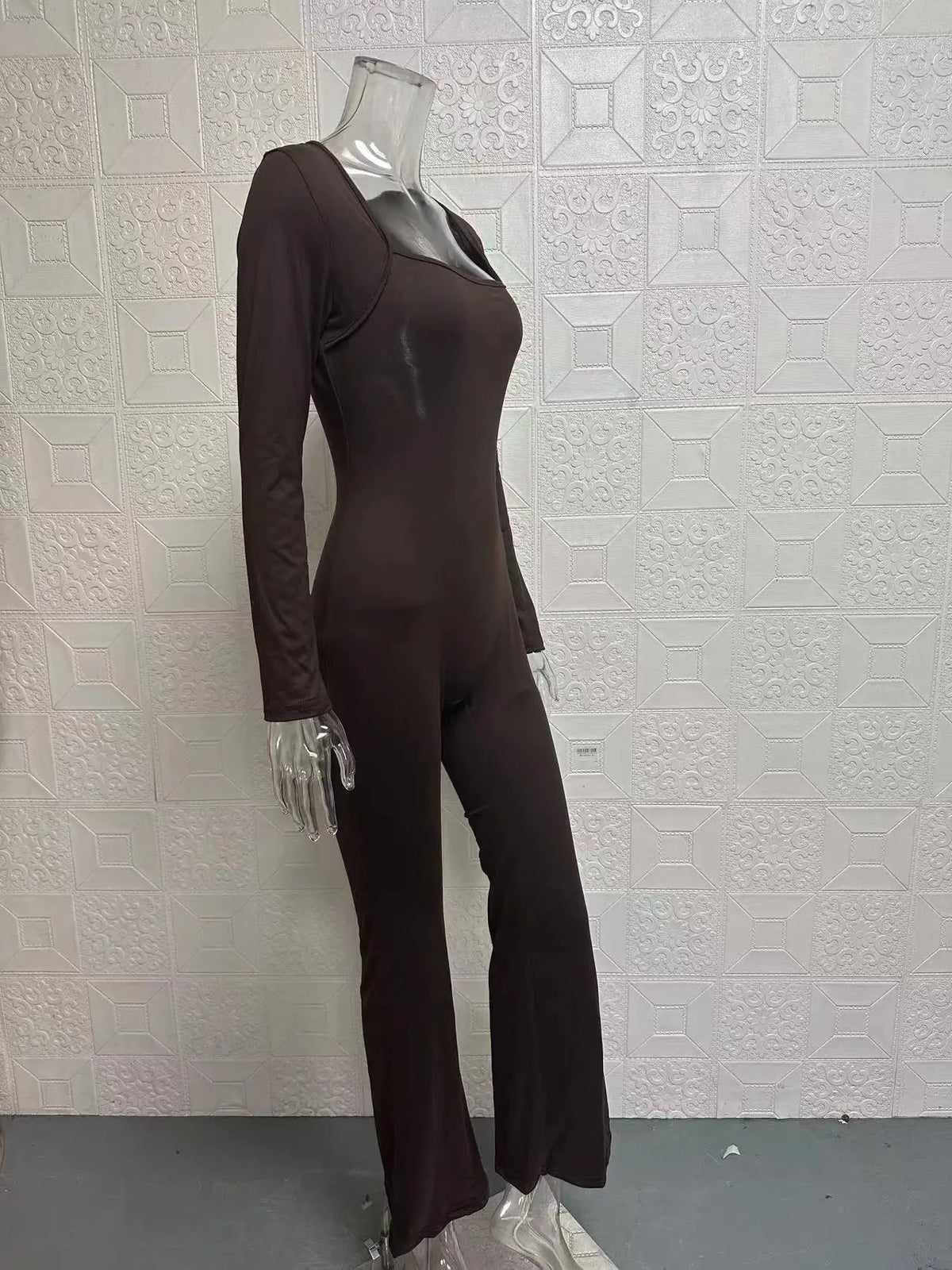 Foreign Trade Women's Long Sleeved Waist Cinching and Waist Lifting Square Collar Wide Leg High Elastic Jumpsuit
