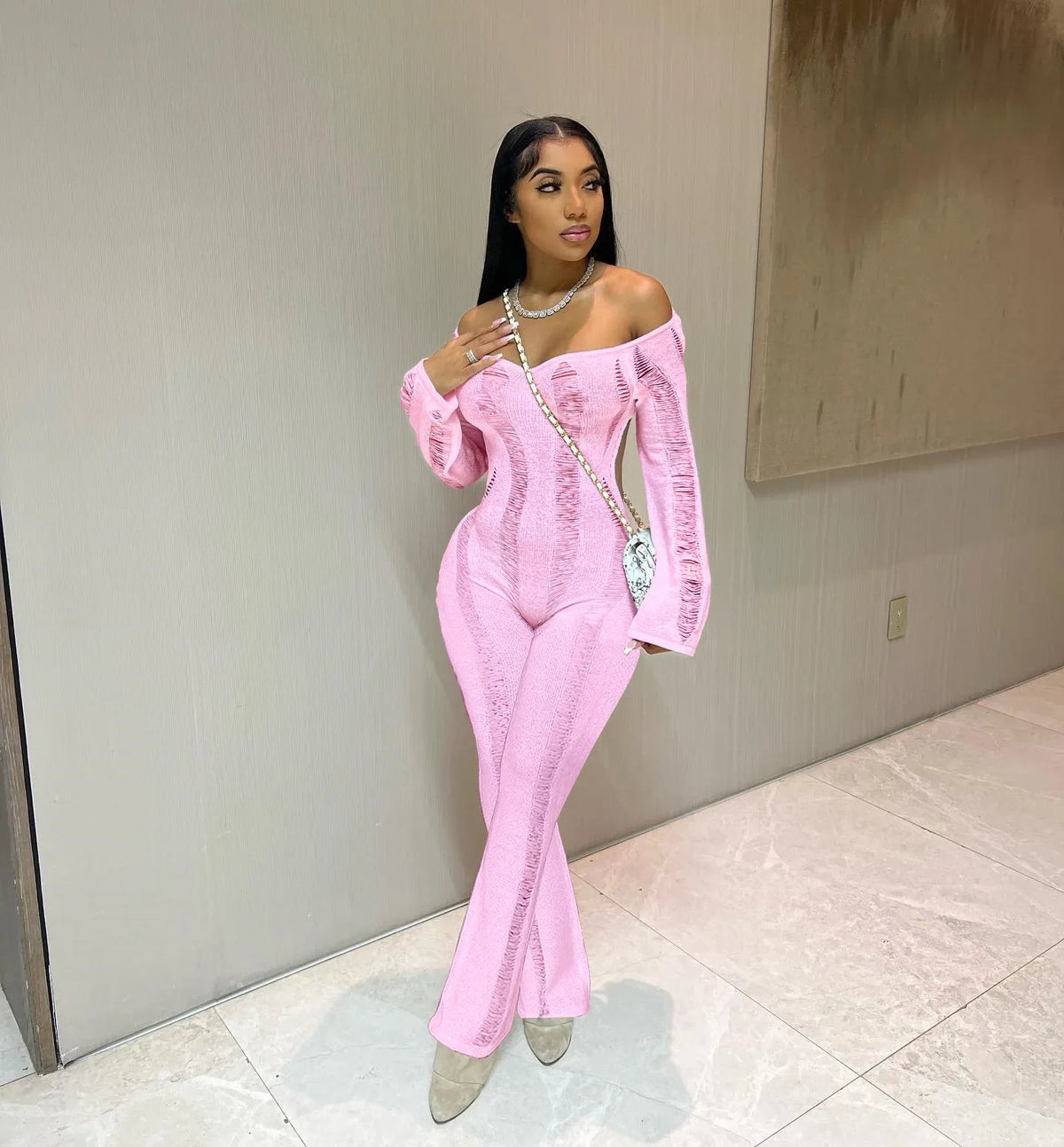 2024 Autumn Women Solid Knitted Jumpsuits Sexy Backless Hollow Off Shoulder Long Sleeve Stretch One Piece Overalls Casual Romper