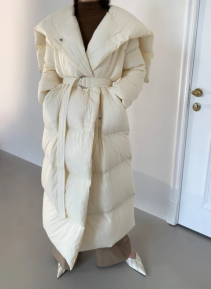 High end Ultra long White goose down Jacket For women Winter 2025 New Fashion Down Coat Female Thicken Parka Overcoat with belt
