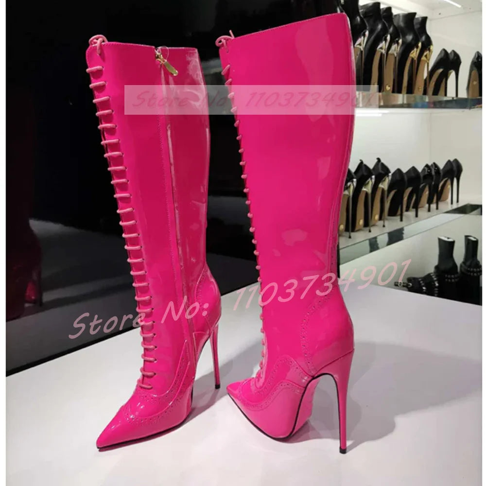 Pink Sole Zipper Knee Length Boots Women Sexy Nightclub Lace Up Pointy Toe High Heels Boots Lady Party Nifty Punk Fashion Shoes