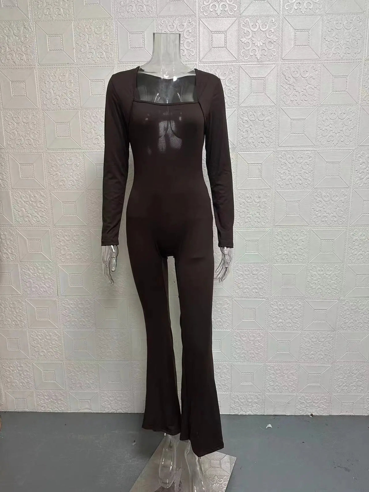 Foreign Trade Women's Long Sleeved Waist Cinching and Waist Lifting Square Collar Wide Leg High Elastic Jumpsuit