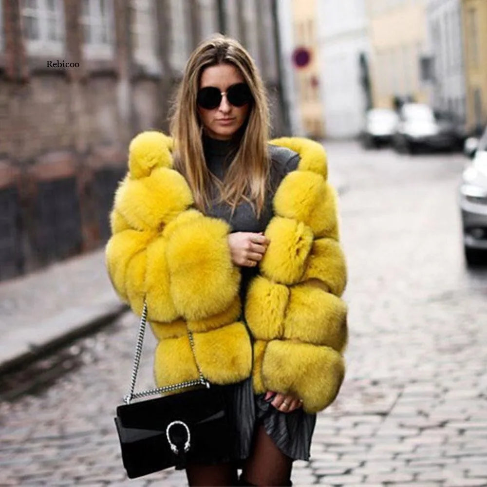 Fashion Winter Women Imitation Fox Fur Jacket Hooded Loose Long Sleeves Female Eco Fur Coat Patchwork Plush Thick Lady Fur Coat