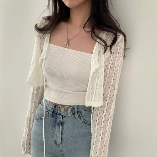 Women Tie Front Crop Cardigan Sheer Openwork Crochet Knit Top Lightweight Bolero Sweater Summer Fairycore Boho Chic Beach Outfit