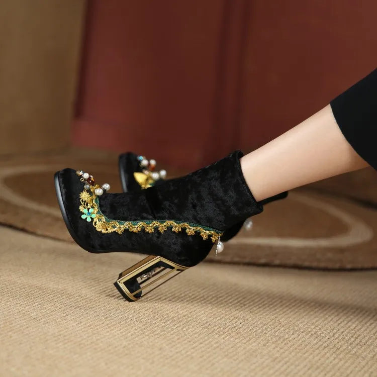 Royal Gemstone Jeweled Flower Velvet Ankle Boots Floral Crystal Cage Fretwork High Heels Blue Red Black Woman Bridal Booties