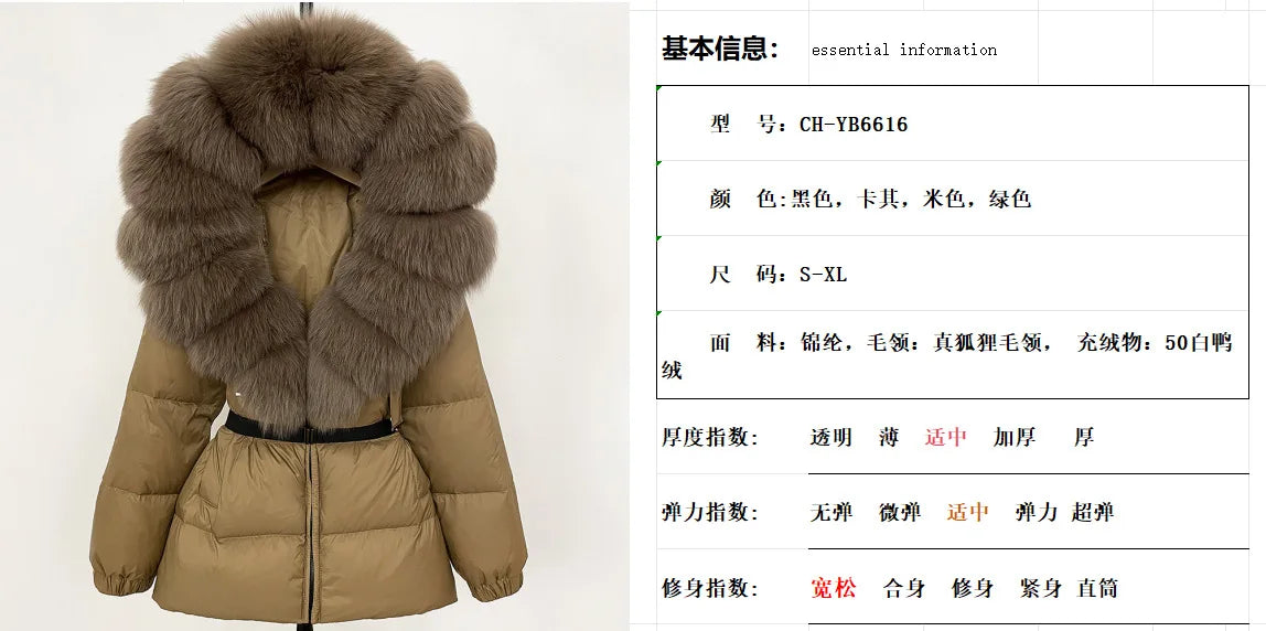 Hot Sale Women Luxury Black Down Jacket Waist‑Cinched Design High‑End Elegant Real Big Fox Fur Hooded Collar Winter Outerwear