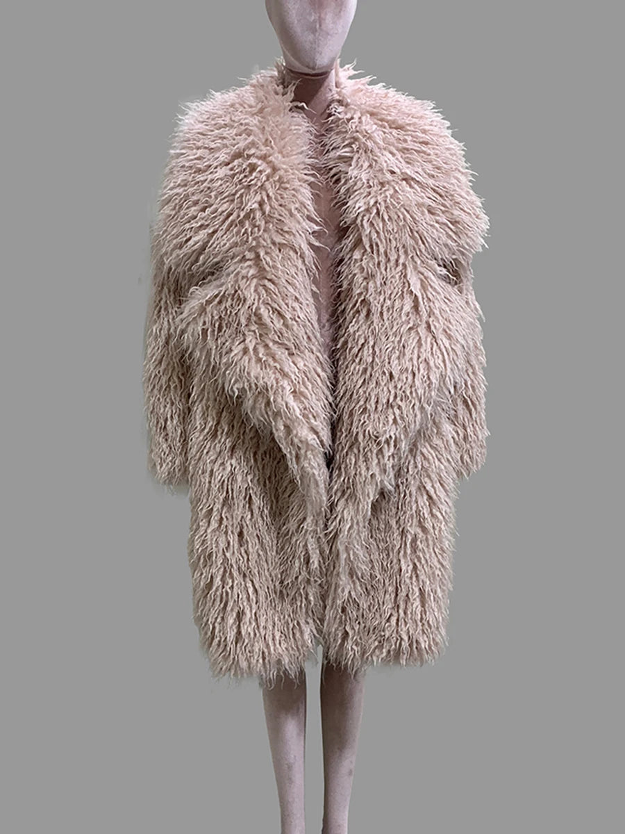 Lautaro Autumn Winter Long Oversized White Thick Warm Hairy Shaggy Fuzzy Faux Mongolian Fur Coat Women Pink Fluffy Overcoat