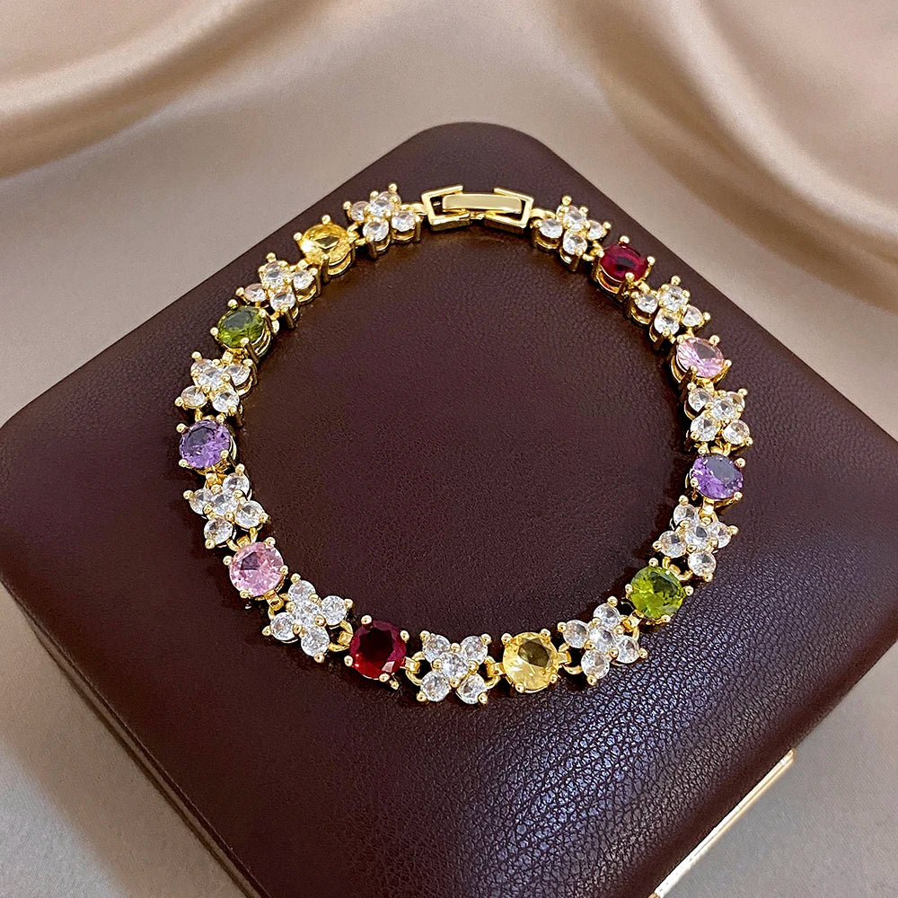 Greatera Flower Colorful Cubic Zircon Filled Decoration Women's Bracelet Delicacy Wear Party Wrist Bangle European American New