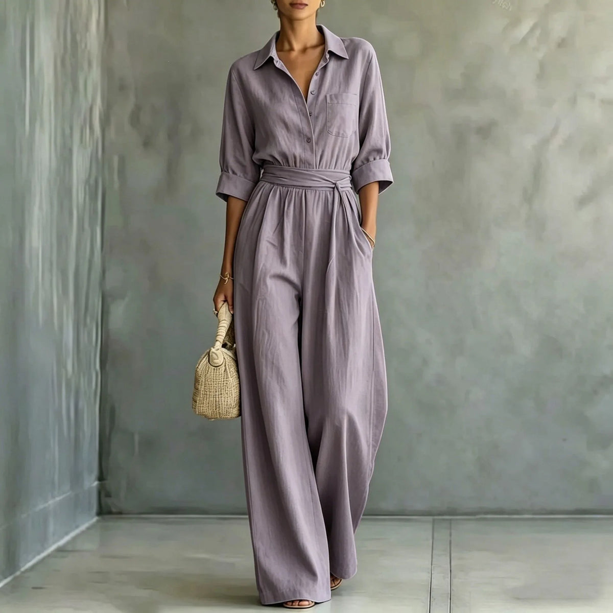 Women's Mid-sleeve Shirts Jumpsuits Spring Summer New 2026 New Fashion Elegant Waisted Lace-up Wide-leg Trousers Female Rompers