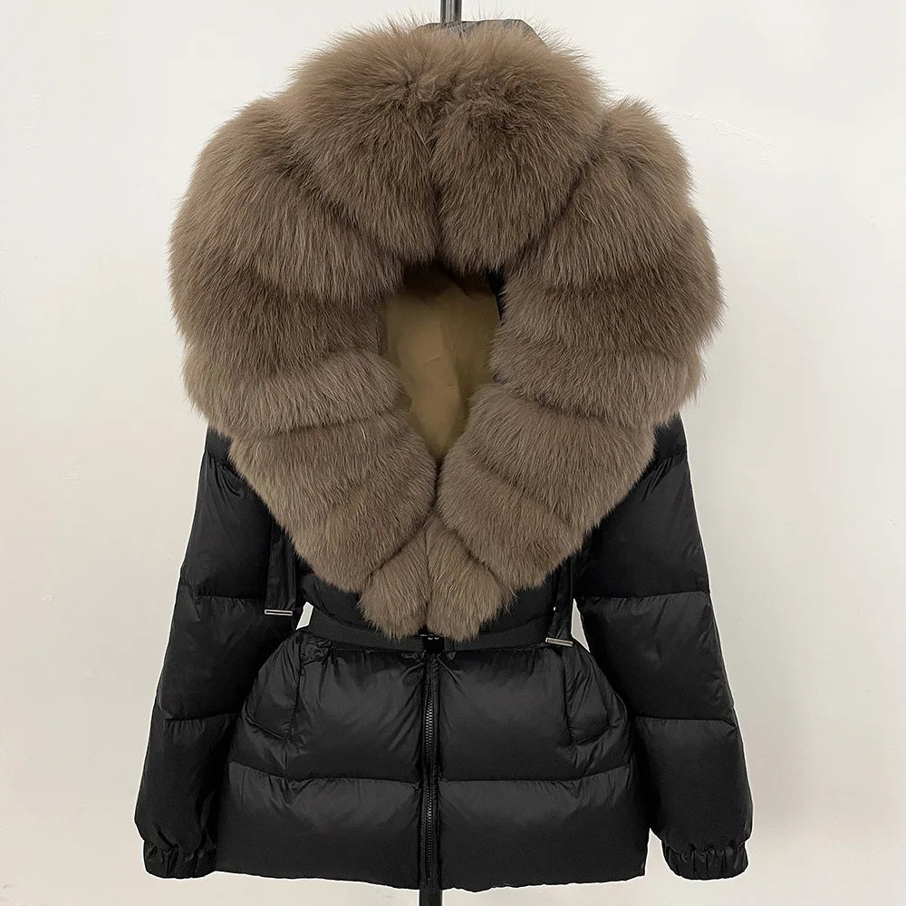 Hot Sale Women Luxury Black Down Jacket Waist‑Cinched Design High‑End Elegant Real Big Fox Fur Hooded Collar Winter Outerwear