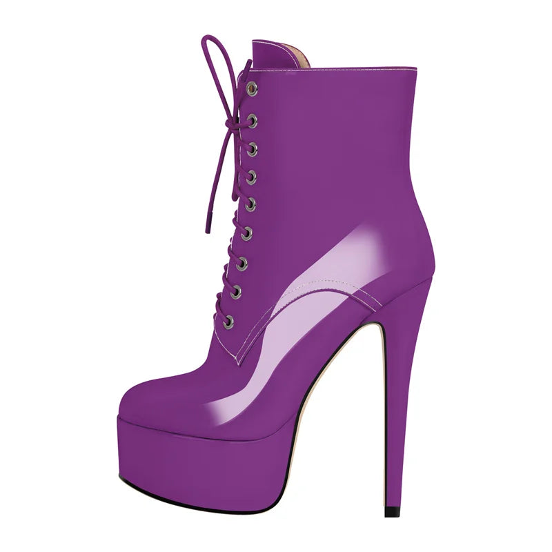 Onlymaker Women Round Toe Platform Lace-up Stiletto Printed Side Zipper Stiletto High Heel Ankle Boots