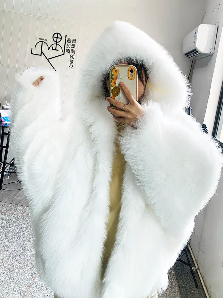 Nerazzurri Autumn Winter Oversized White Black Warm Shaggy Hairy Faux Fur Coat Women with Hood Loose Casual Fluffy Jacket 2023
