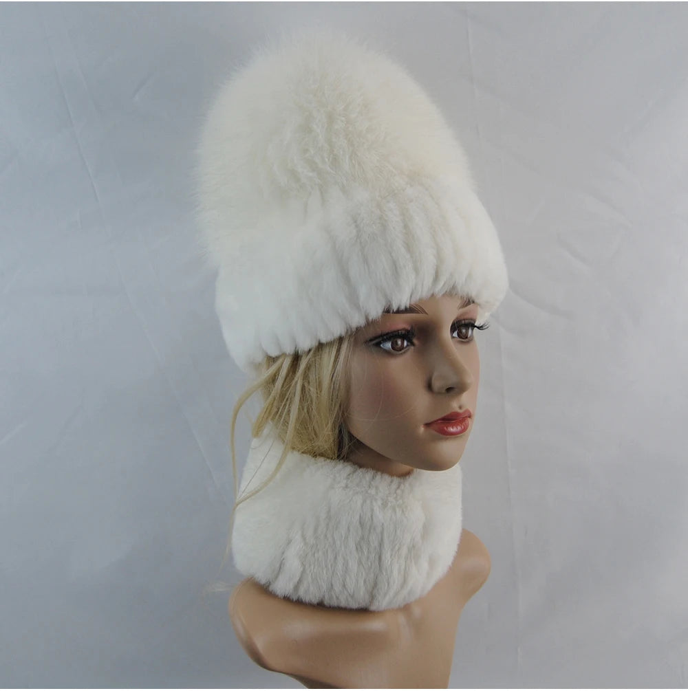 New Winter Lady Brand Hand Make Real Genuine Fox Fur Hat Scarf Girls Natural Real Rex Rabbit Fur Ring Cap Real Fur Scarves Hats