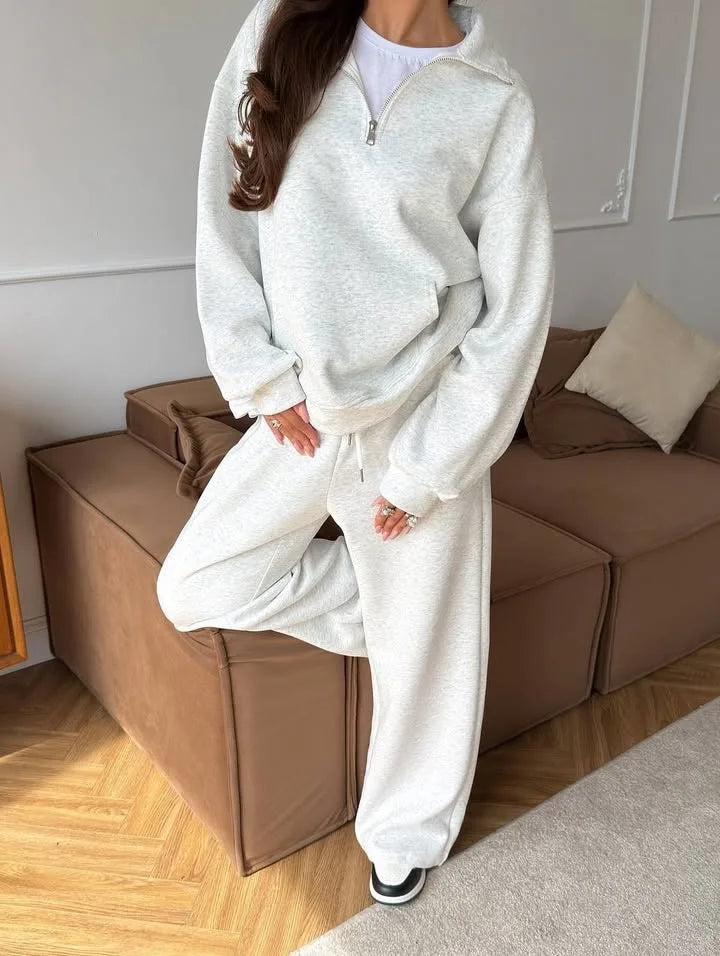 Women 2 Piece Tracksuit Solid Pocket Half Zip Sweatshirt And Jogger Pants Set Autumn Winter Pullover Casual Sports Outfits