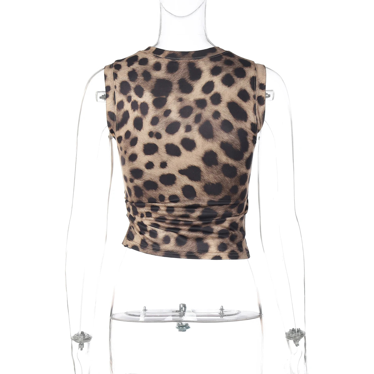 Dulzura Summer Fashion Sexy O-Neck Sleeveless Shirring Leopard Print T-Shirt Women'S Casual Versatile Y2K Top Party Club Clothes
