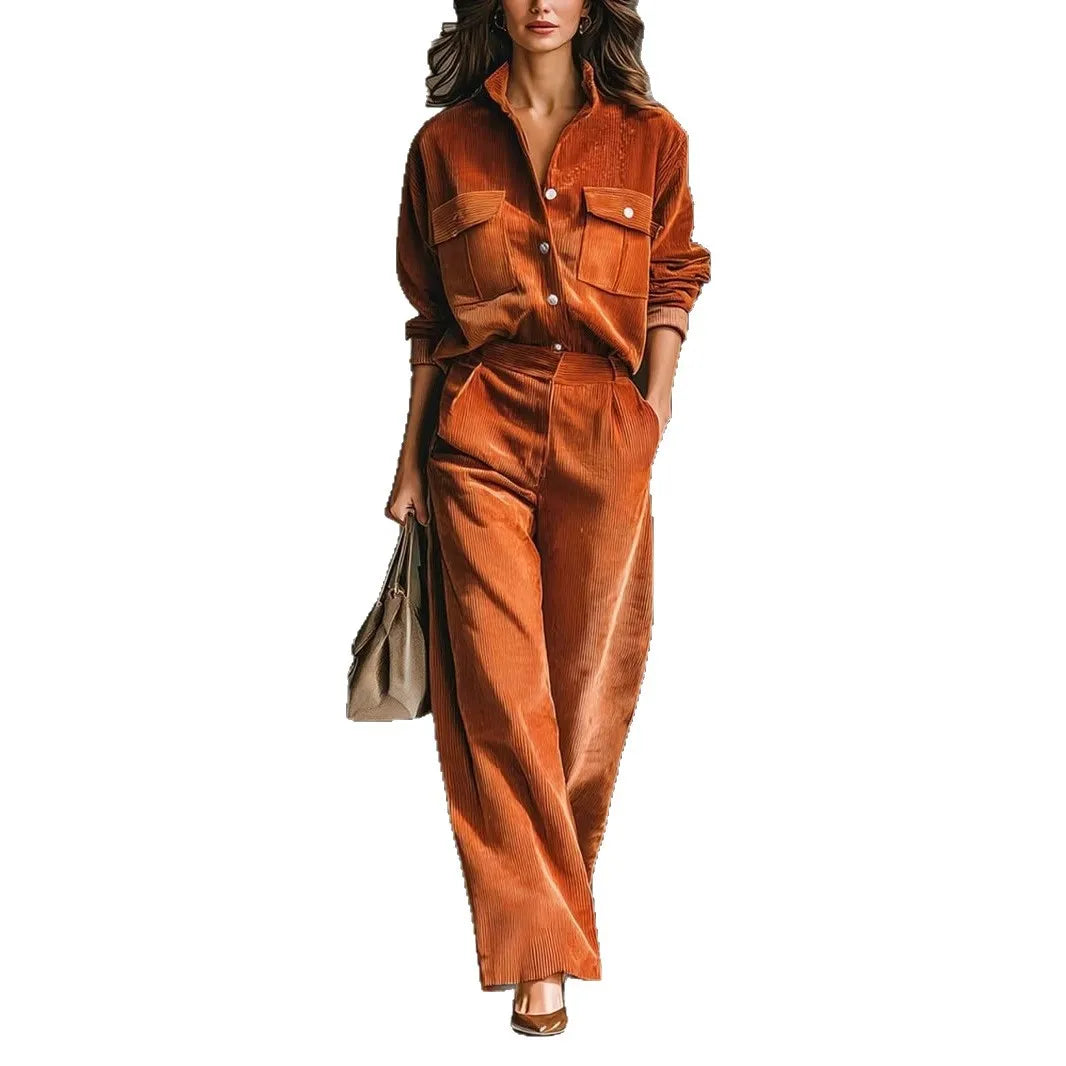 Retro Corduroy Shirt and Wide Leg Pants Matching Set, Autumn Winter Casual Blouse Top and Trousers Jumpsuit