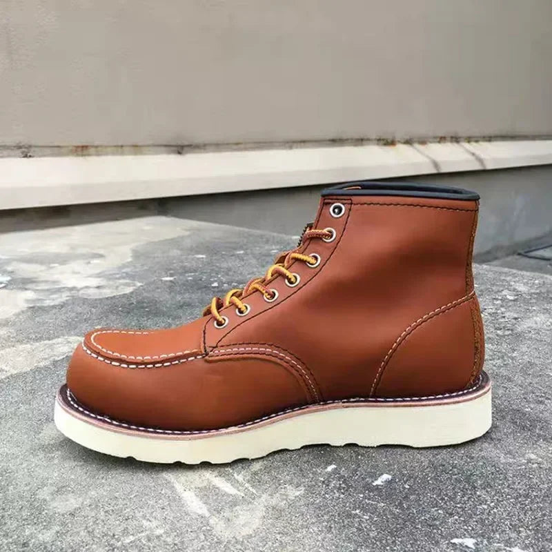 Men's Goodyear-Welted Vintage Genuine Leather Mid-calf Motorcycle Boots Round toe Casual Punk Dress Boots Work Shoes Western Red